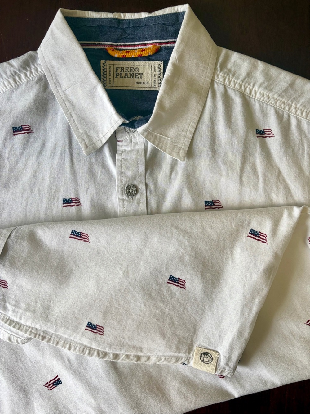 Free Planet Men's White Button-Down Shirt with 🇺🇸 Flag Embroidery